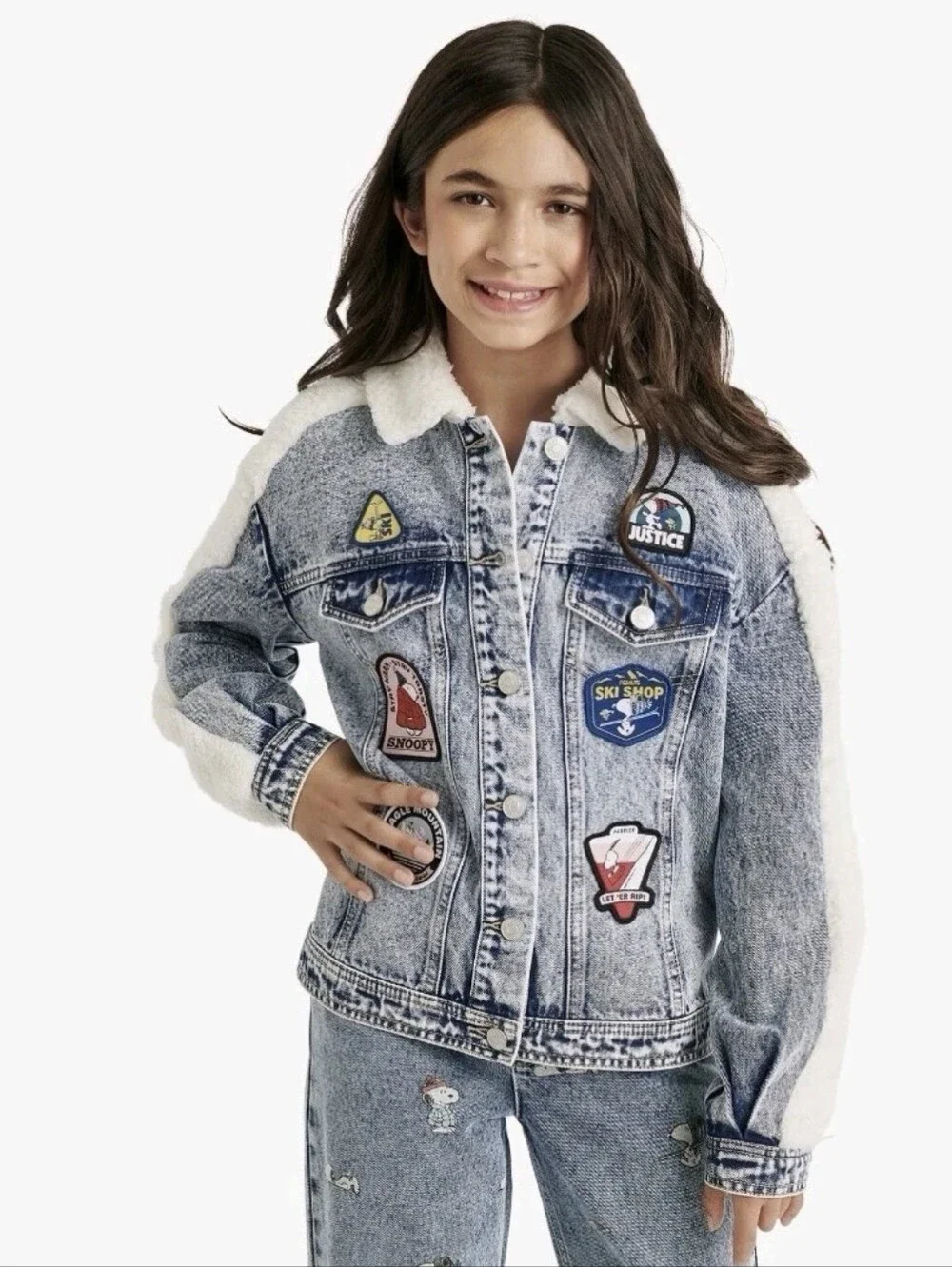 Justice x Snoopy Girls Acid Wash Patchwork and Sherpa Denim Jacket NWOT